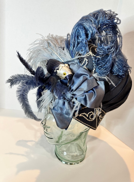 Erte Hat - Blue Silk with Ribbons, a Bird and Real