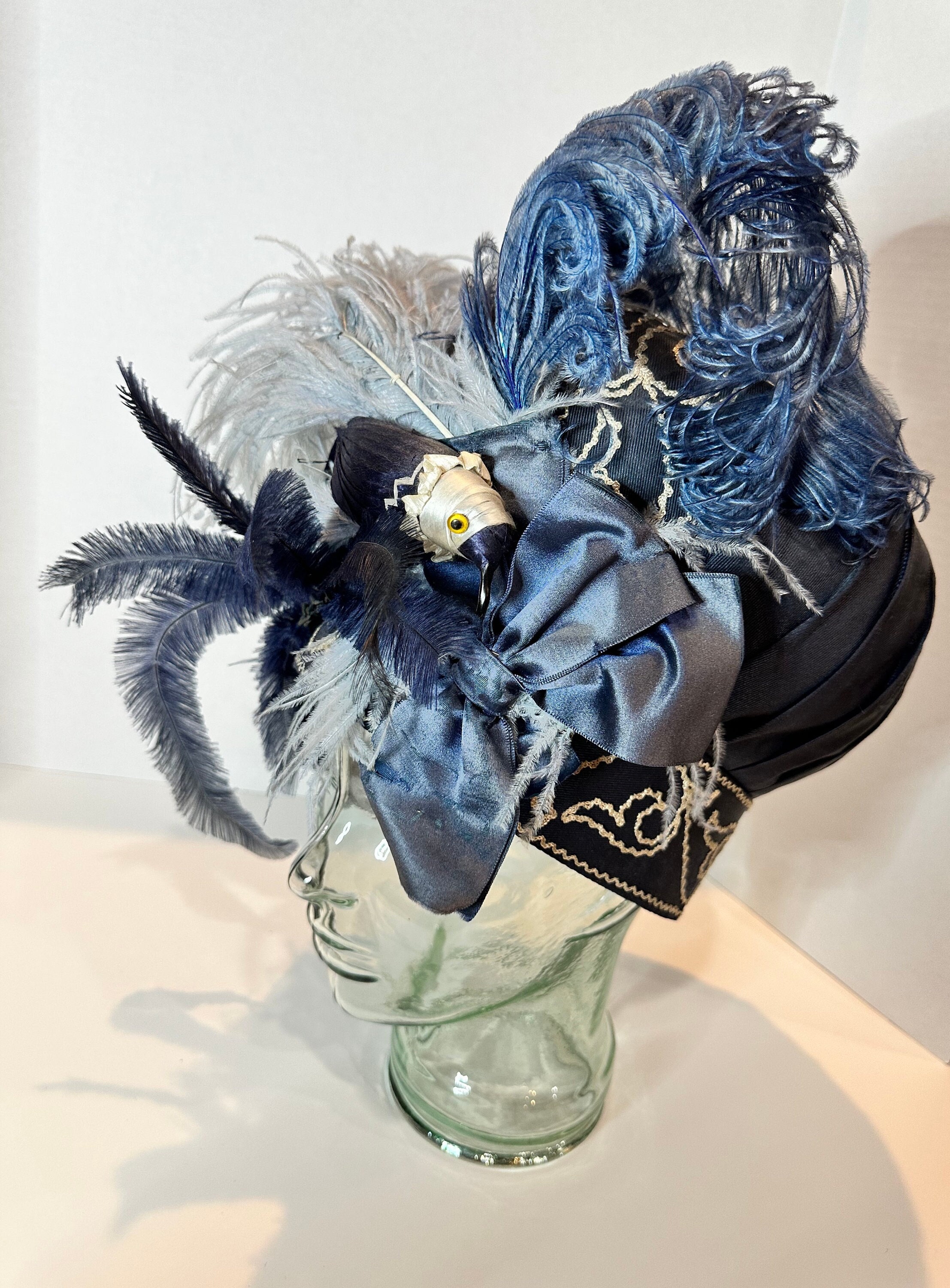 Vintage Silk Fabric Hat with Marabou Feathers Bright Blue Erte Hat - Blue Silk With Ribbons, a Bird and Real Ostrich  main image 3