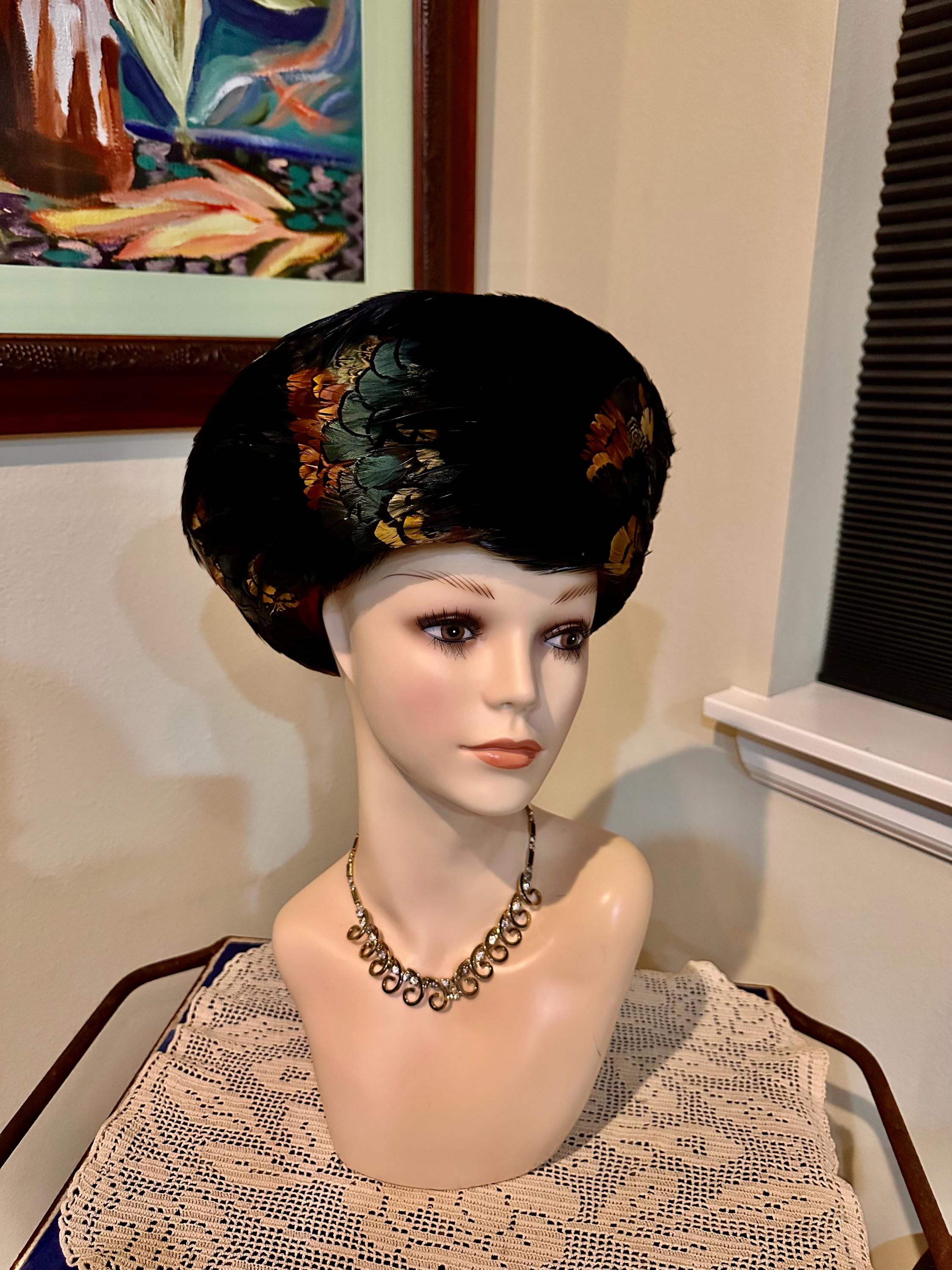 Pheasant Feather Hat / MCM High Fashion or Costume Hat of Black & Brown Feathers Vintage Feather Hat, MCM Women main image 2