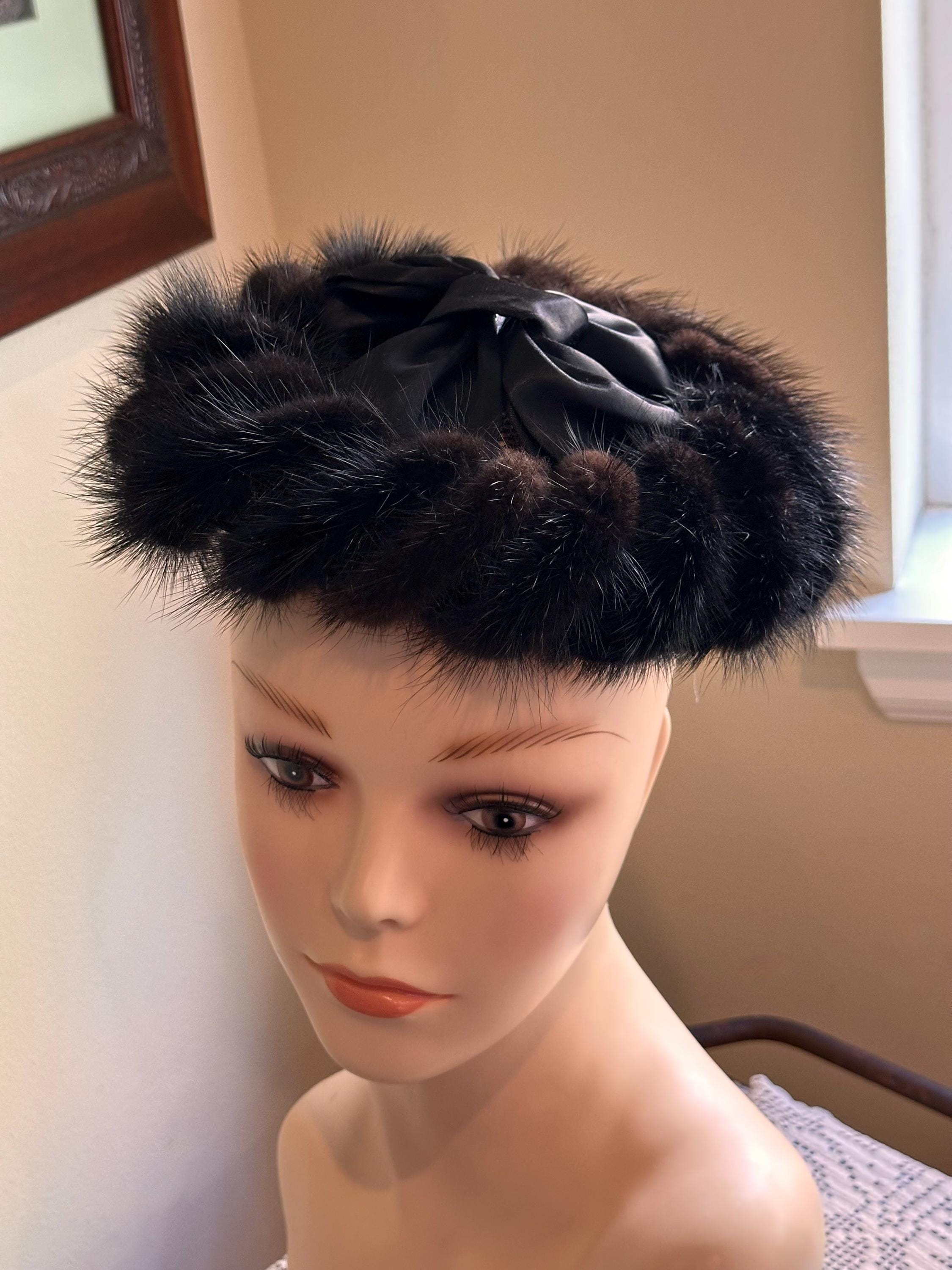 Black Mink Fur and Silk Ribbon Halo Cocktail Hat With Black 