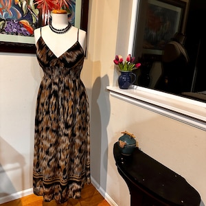 She SCool Y2K Chiffon Maxi Dress in Brown Black Tan Border Print Soft & Flowy