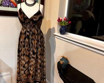 She SCool Y2K Chiffon Maxi Dress in Brown Black Tan Border Print Soft & Flowy