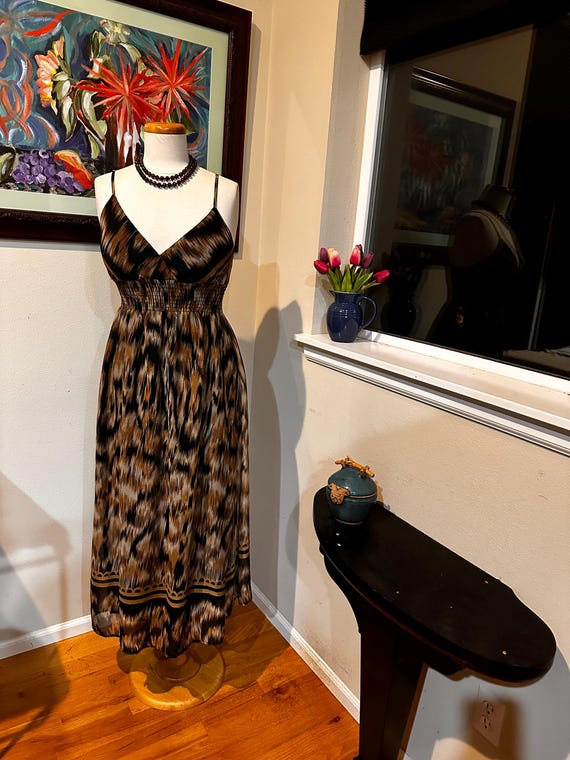 She SCool Y2K Chiffon Maxi Dress in Brown Black Tan Border Print Soft & Flowy