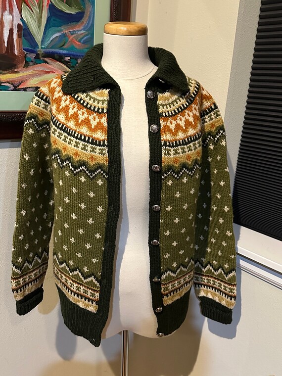 Norwegian Cardigan Sweater Green w/  Multicolor Y… - image 3