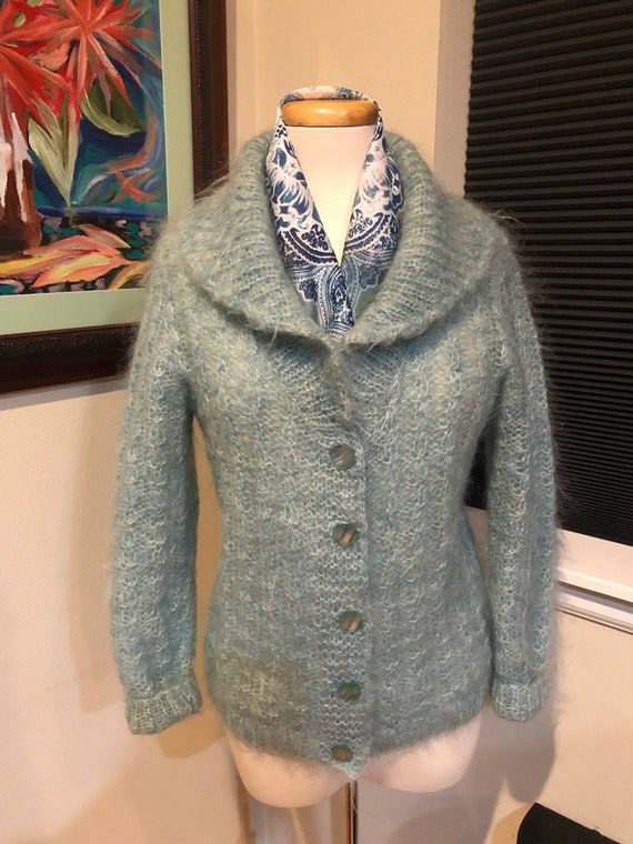 Handknit Italian Mohair Cardigan Sweater/ Seafoam 