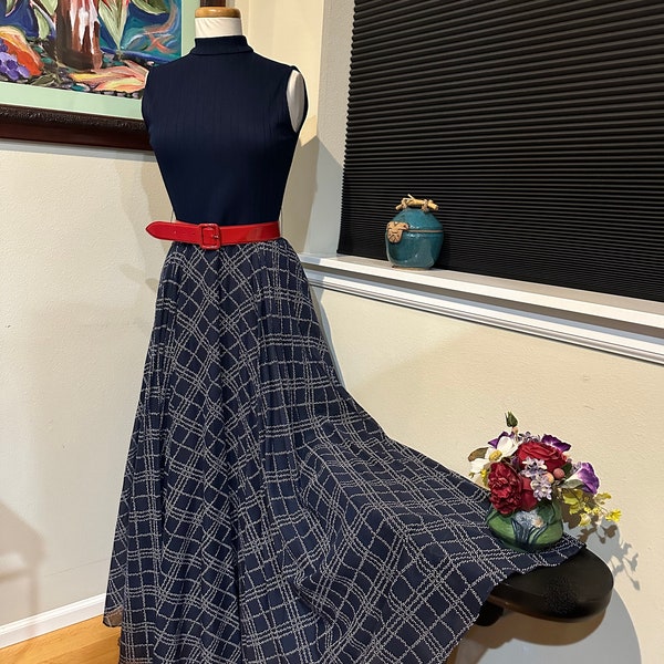 Mod Maxi Dress in Navy & White w/ Knit Top  Plaid Voile Full Length Circle Skirt - 1960s - Sz M