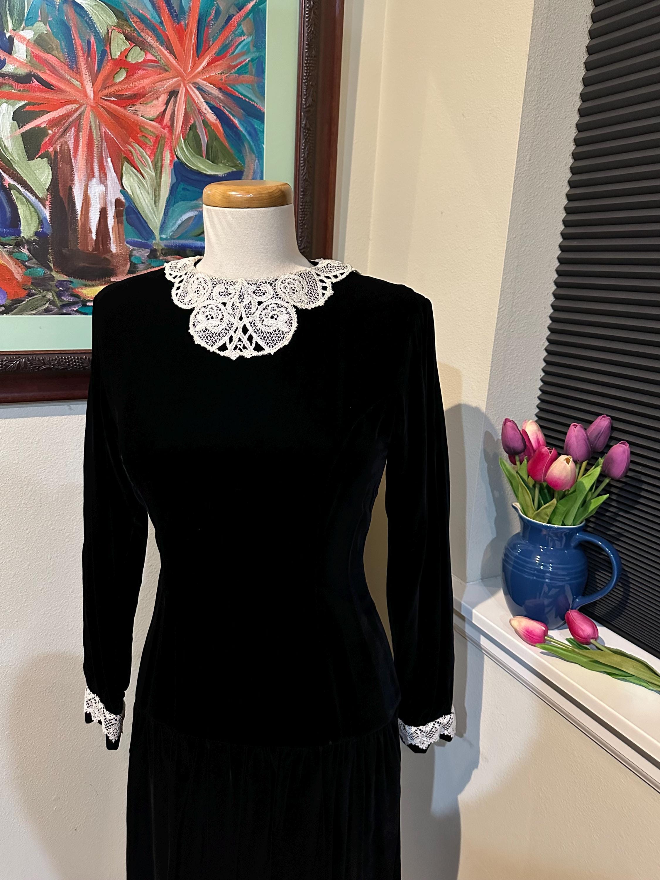 ワンピース 1900s Fluffy Collar Night Dress Black Velvet Dress With White Lace Collar & Cuffs / Black