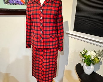 Bobbie Brooks Calgary - Vtg. 50’s Red Plaid Tartan Skirt & Jacket Suit - Sz. S