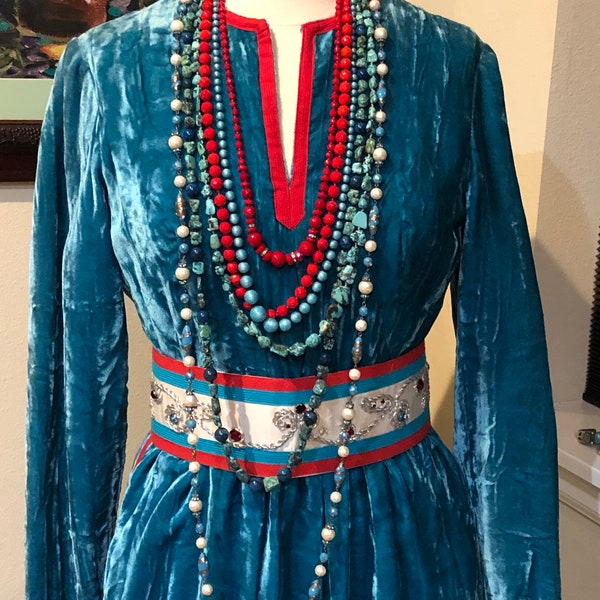 Oscar de la Renta Boutique Aqua Crushed Velvet Bohemian Maxi Dress - Vtg. 70's