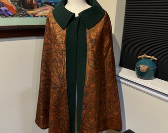 Amber Paisley Cape Reversible to Forest Green - 1970s Fashion