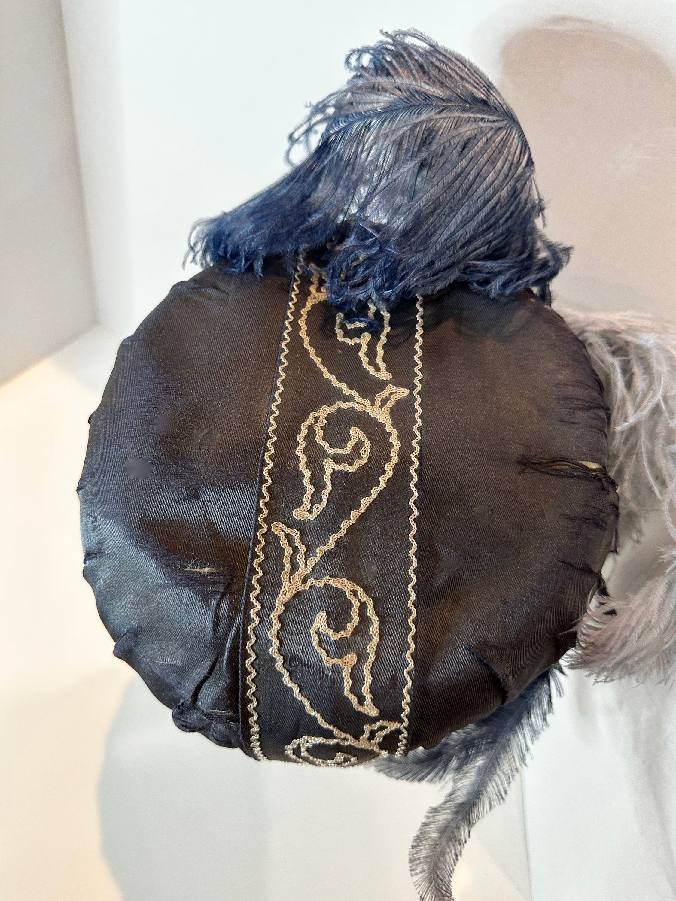 Erte Hat - Blue Silk With Ribbons, a Bird and Real Ostrich 