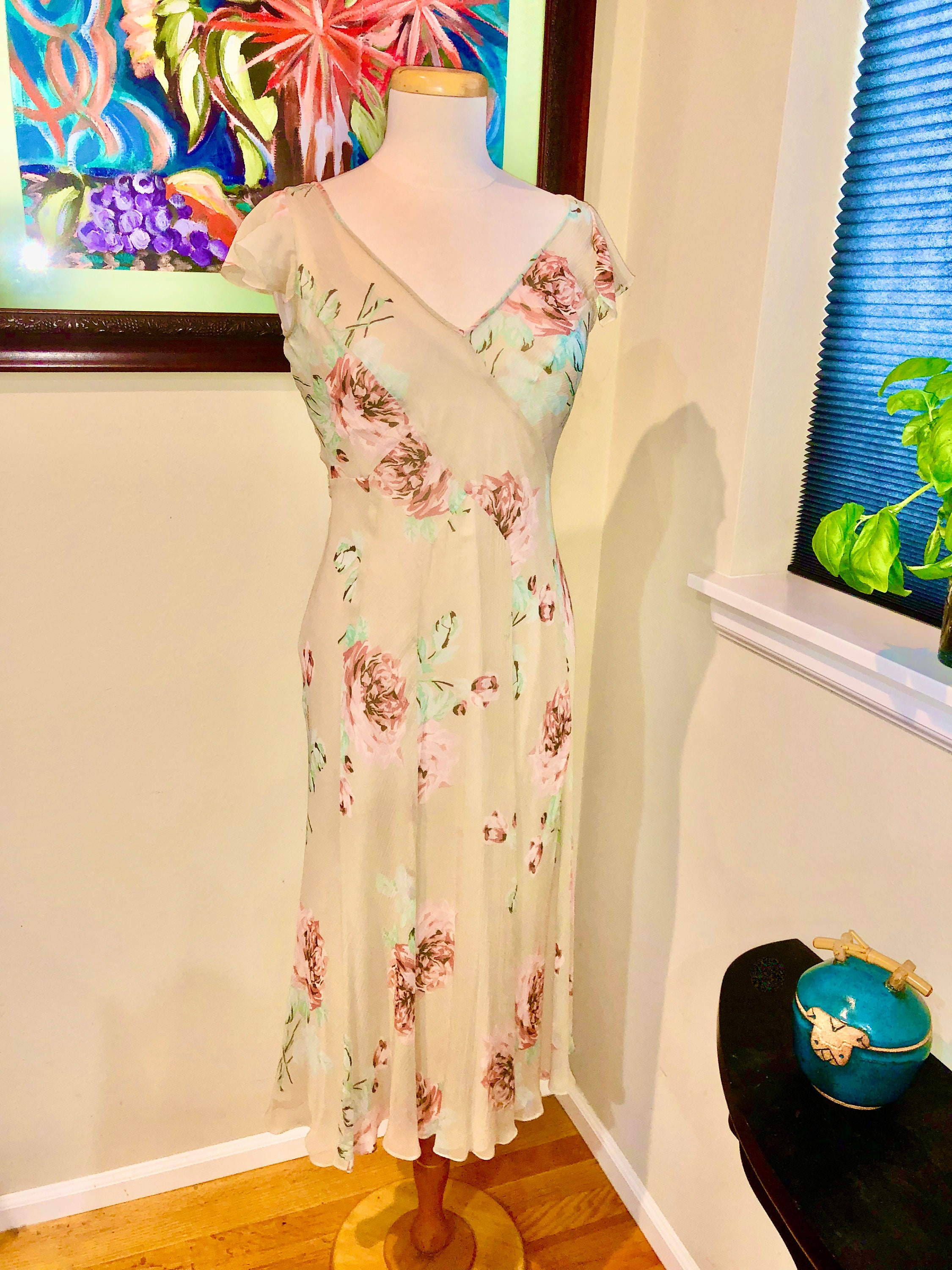 1930s Bias Cut Floral Print Silk Chiffon Tea Dress/ Wedding Dress ...