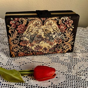 1940s Clutch Purse - Hard Case with Tapestry & Large Mirror in Black Faille