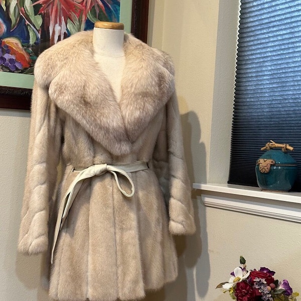 Tourmaline Mink Fur & Leather Striped Coat with Blue Fox Fur Collar c.1970s - sz 6