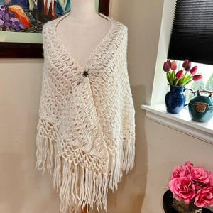 1950s Luxury Mohair & Silk Lace Shawl Hand Knit w/Crochet Fringe
