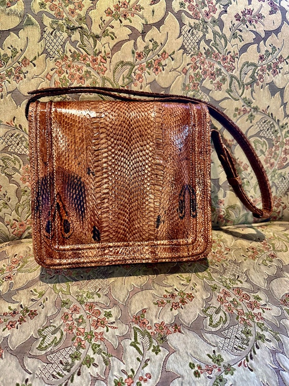 Vintage Real Snakeskin Crossbody Handbag in Caram… - image 8