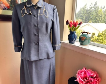 Blue Raw Silk Suit w/ White Trim - Vintage c1950 - Tailored Jacket and Skirt - S