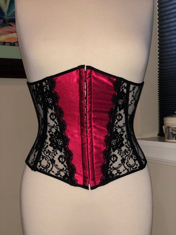 Vtg. 90's Shirley Red Satin & Black Lace Underbust