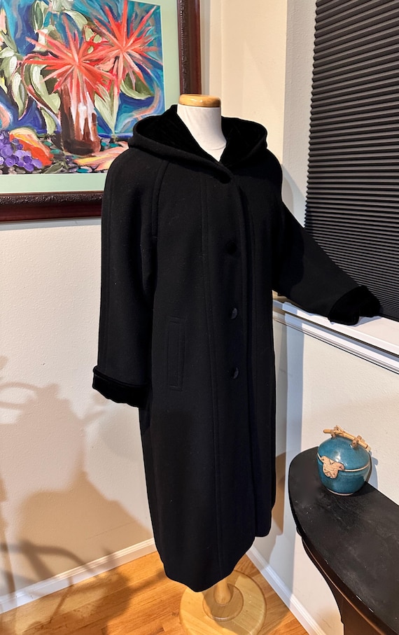 Halston Black Wool Coat W/ Velvet Hood & Trim - 1980s Made in