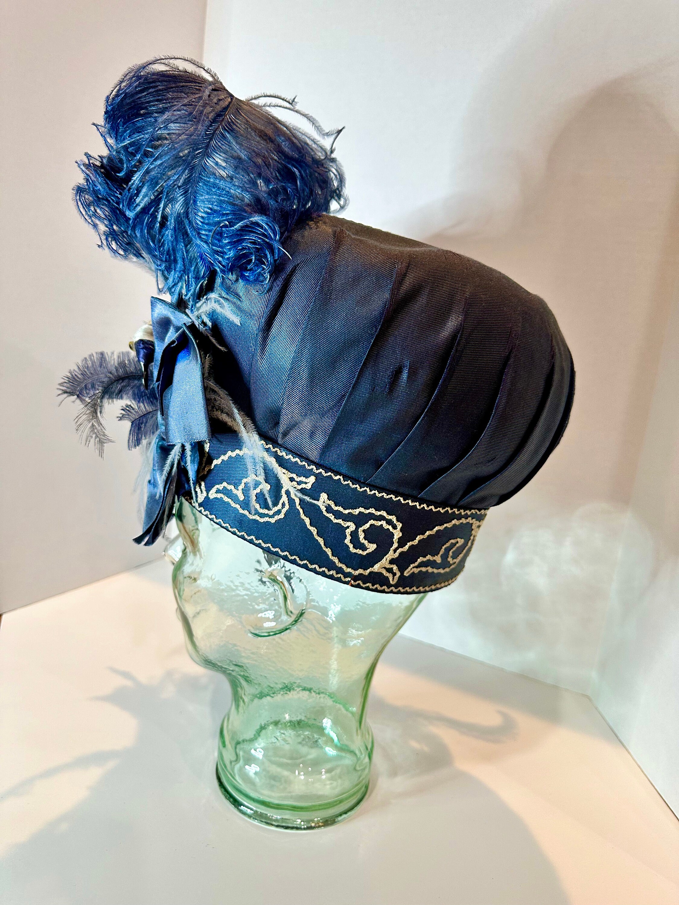 Vintage Silk Fabric Hat with Marabou Feathers Bright Blue Erte Hat - Blue Silk With Ribbons, a Bird and Real Ostrich  main image 2