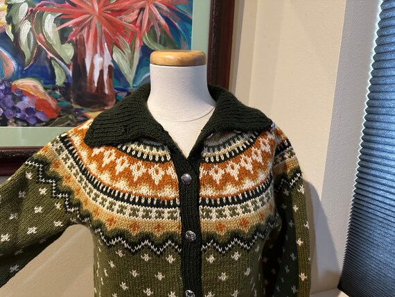 Norwegian Cardigan Sweater Green w/  Multicolor Y… - image 7