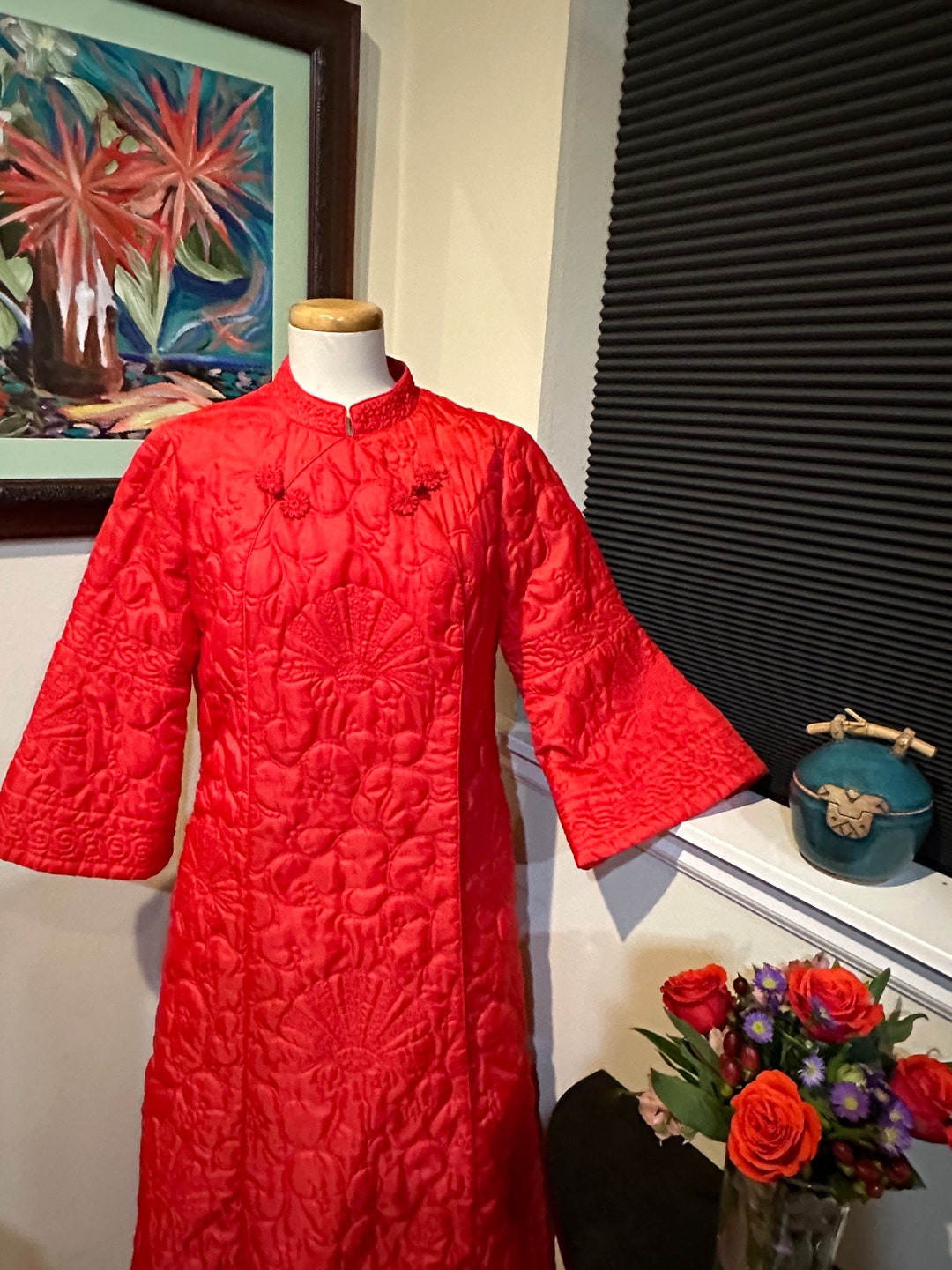 Red Quilted Lounging Robe or Housecoat by House of Ming 1970s Med Etsy