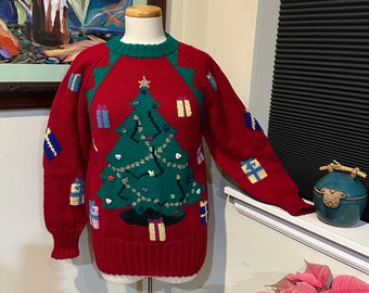 Berek Original Rare 3D Hand Knit Red Christmas Tree Sweater 1980s.
