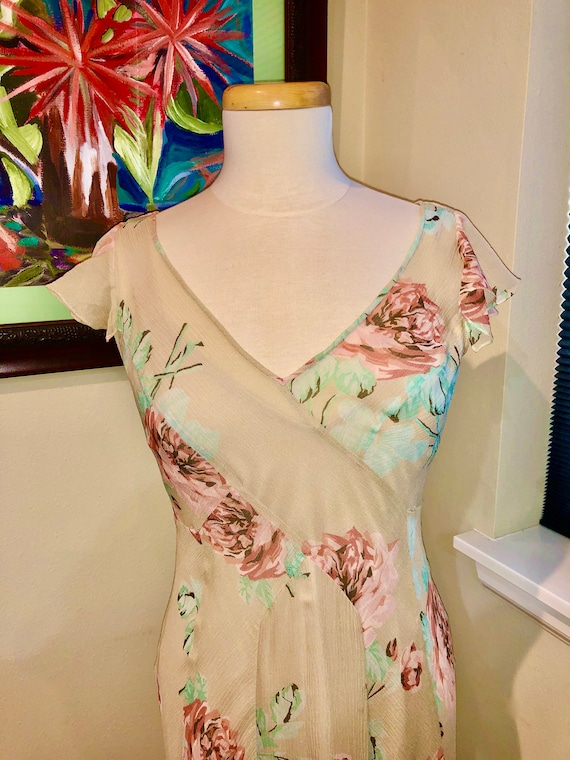 1930s Bias Cut Floral Print Silk Chiffon Tea Dres… - image 1