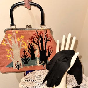 Pink Needlepoint Handbag w/ Unusual  Gothic Graphics of Atomic Trees & Black Gloves - c1940