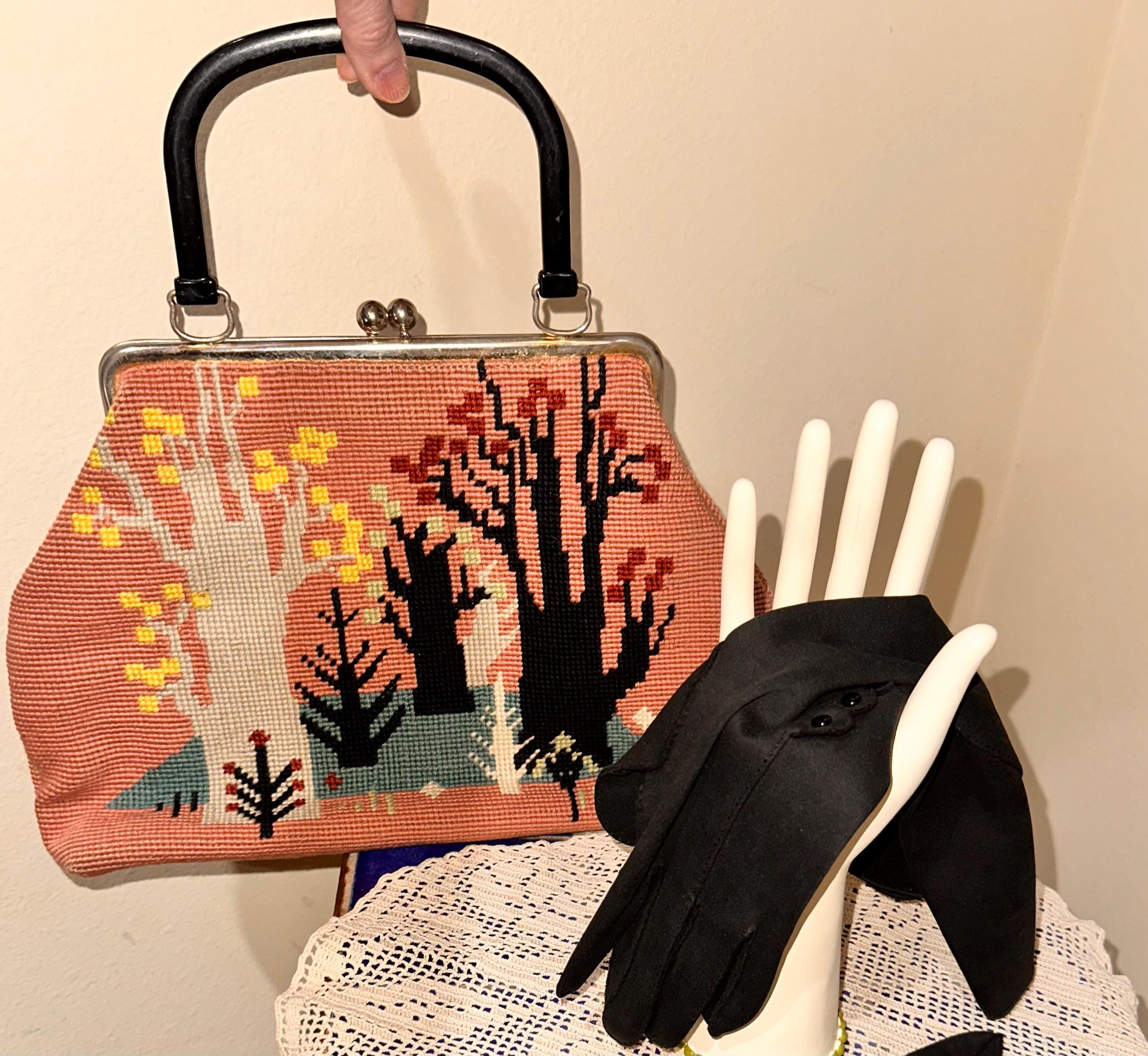 Pink Needlepoint Handbag W/ Unusual Gothic Graphics of Atomic
