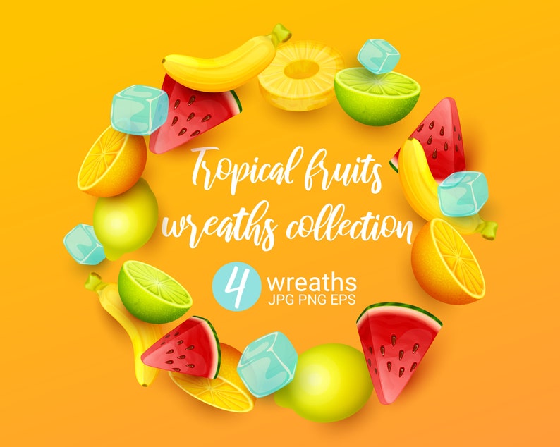 Tropical Fruits Wreaths Clip Art Collection. Colorful Vector Etsy