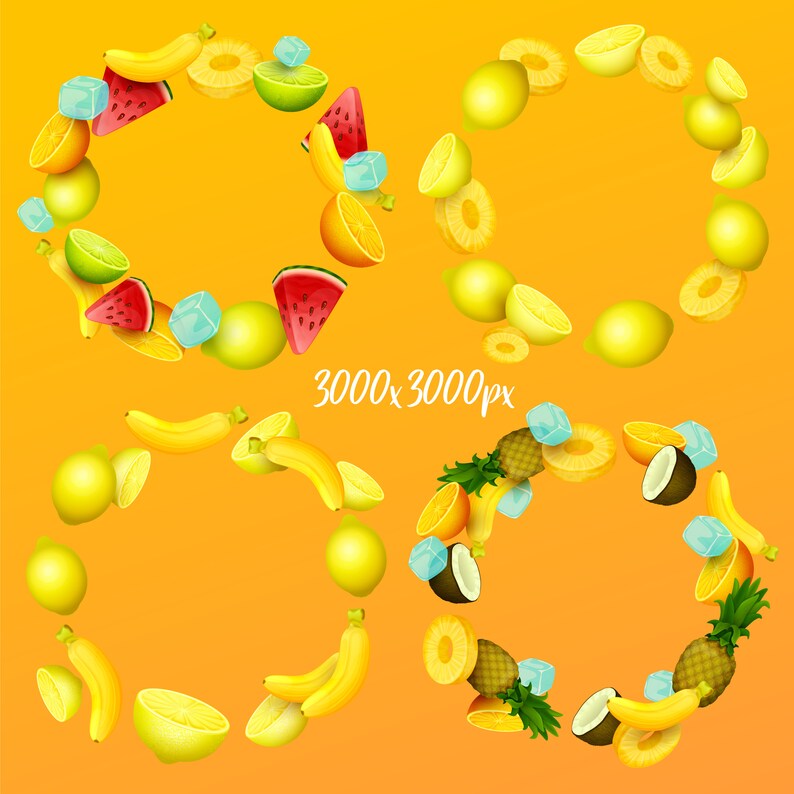 Tropical Fruits Wreaths Clip Art Collection. Colorful Vector Etsy