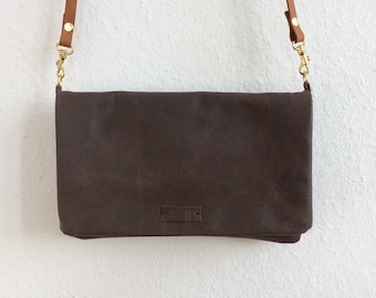 shoulderbag foldover 'Carly' leather brown clutch umhängetasche crossbody ledertasche