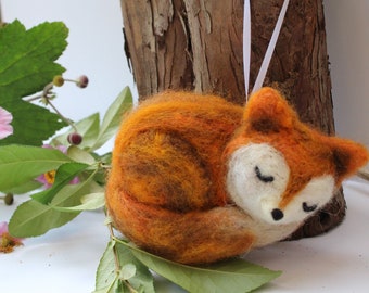 Cute Fox Ornament,  Felted Fox Ornament,  Sleepy Fox,  Wool Ornament,  Animal Ornament, Christmas Fox Ornament,  Cute / Sleepy Fox Ornament