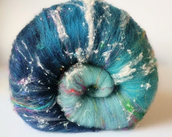 Turquoise Merino Art Batt,  Sari Silk, Angelina Fiber, Wool Spinning, Felting, Weaving 2.4 oz