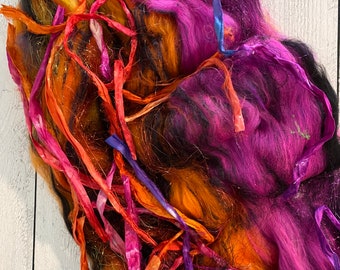 Orange and Fuchsia  Wool Batt  Art Batt  Halloween Vibes  Merino Batt  Silk Fibers
