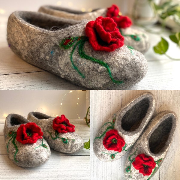 Red Poppy Felted Slippers, Gray Wool Slippers, House Shoes, Warm Soft Slippers, Hand Felted Wool Shoes, Wet Felted Slippers,Natural Footwear