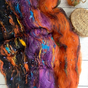 Halloween Art Batt,  Merino Batt,  Spinning Art Batt,  Art Yarn,  Spinning Wool,  Spinning,  Felting Fiber, Art Batt, Sari Silk, Weaving