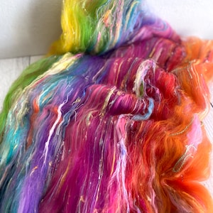 Rainbow Merino Wool Art Batt: Hand Dyed Silk Yarn, 3.0 oz