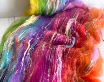 Rainbow Merino Wool Art Batt: Hand Dyed Silk Yarn, 3.0 oz