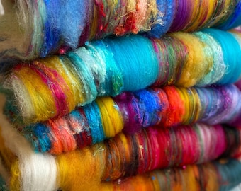 Boho Wool Art Batt – Merino, Corriedale, Sari Silk & Yarn Scraps – Textured Fiber for Spinning or Felting – 2.5 oz