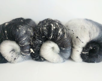 Gradient Batt,  Merino Spinning Batts,  Art Batts,  Carded Batts,  Black Gray and White Batt,  Spinning Wool,  Carded Fibers,  Felting