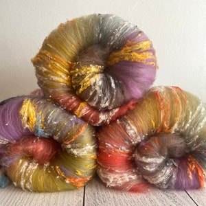 Fall Colors Art Batt,  Merino Batt,  Spinning Art Batt,  Art Yarn,  Spinning Wool,  Spinning,  Felting Fiber, Art Batt, Sari Silk, Weaving