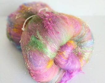 Colorful Merino Art Batt: Silk Noil Fiber for Spinning & Felting  2.0 oz