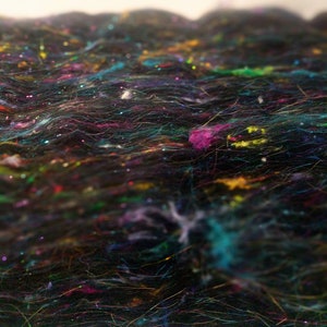May include: Close-up of a black fabric with iridescent threads woven throughout. The fabric has a fuzzy texture and is speckled with colorful glitter.