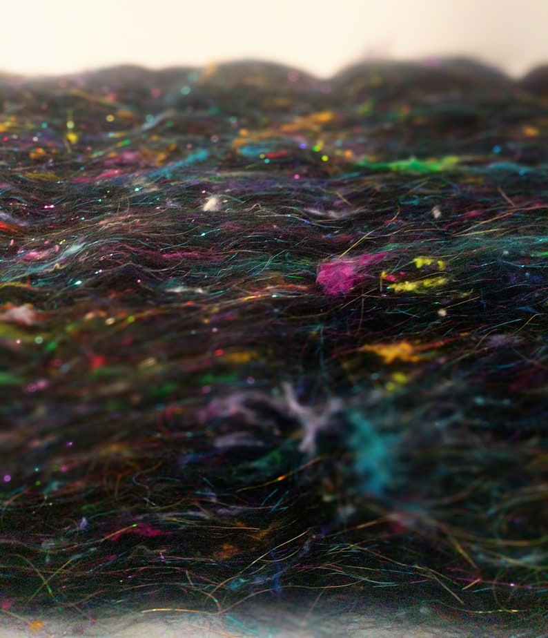 May include: Close-up of a black fabric with iridescent threads woven throughout. The fabric has a fuzzy texture and is speckled with colorful glitter.