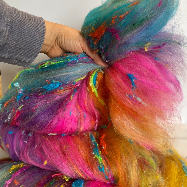 Rainbow Batt,  Spinning  Batt,  Art Yarn,  Art Batt,  BFL Wool,  Rainbow Wool,  Batt Plus Locks,  Merino Batt,  Weaving Fiber