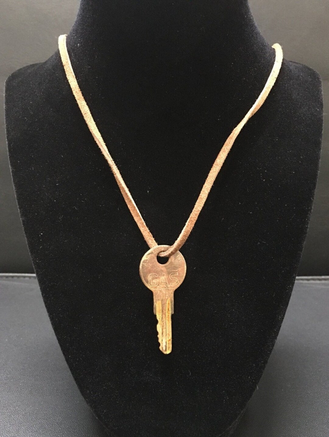 Vintage All Lock Co. Inc. Gas Tank Key Necklace With Brown Leather Suede Cord 14 Boho Chic