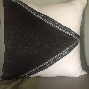 Large #22”#light #micro #suede #white #fabric #cover shown with a gunmetal gray circle pattern upholstery fabric shown with a large