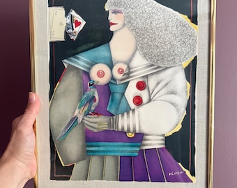 Litografía enmarcada en oro de Richard Lindner, década de 1970, "Mujer con pájaro", obra de arte surrealista.